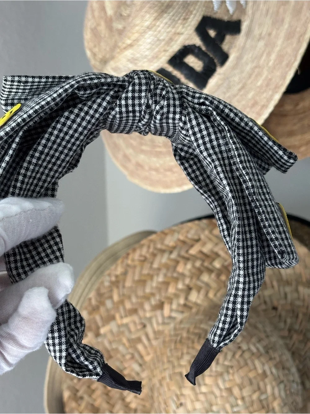 ✨ Smiley Face Gingham Knotted Headband Black & White New 😊